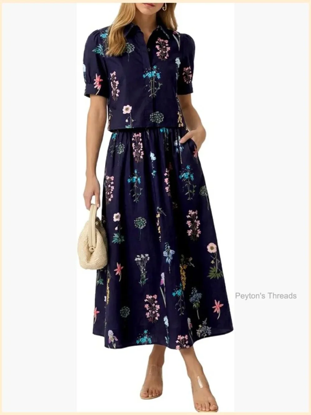 2 Piece Floral Skirt Set Puff Sleeve Blouse Elastic Waist Matching Set Outfit